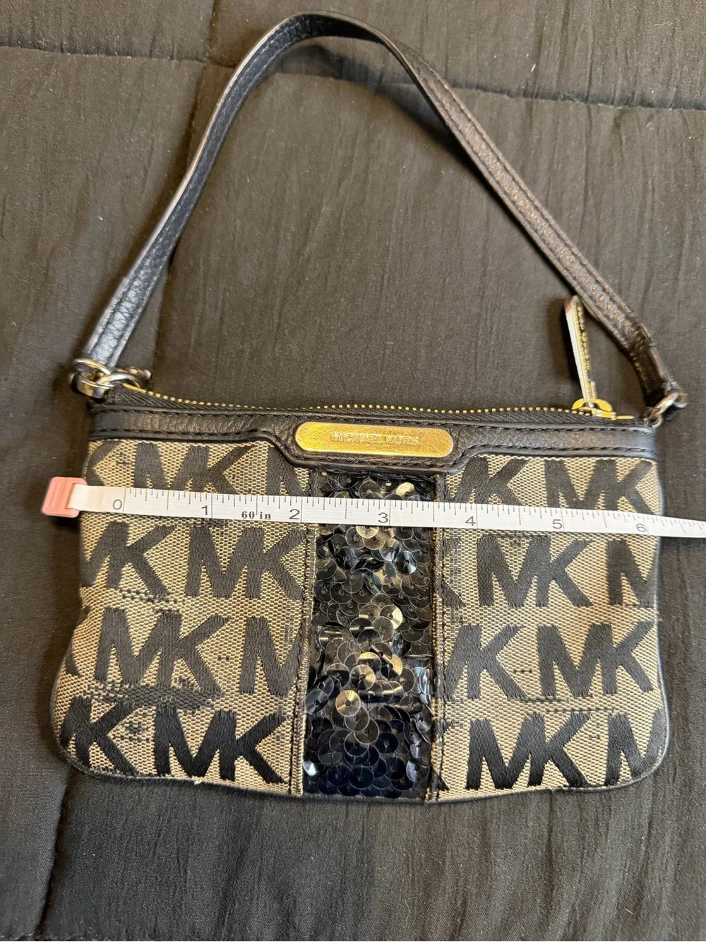 Michael Kors Black and Beige MK Logo Sequin Wristlet